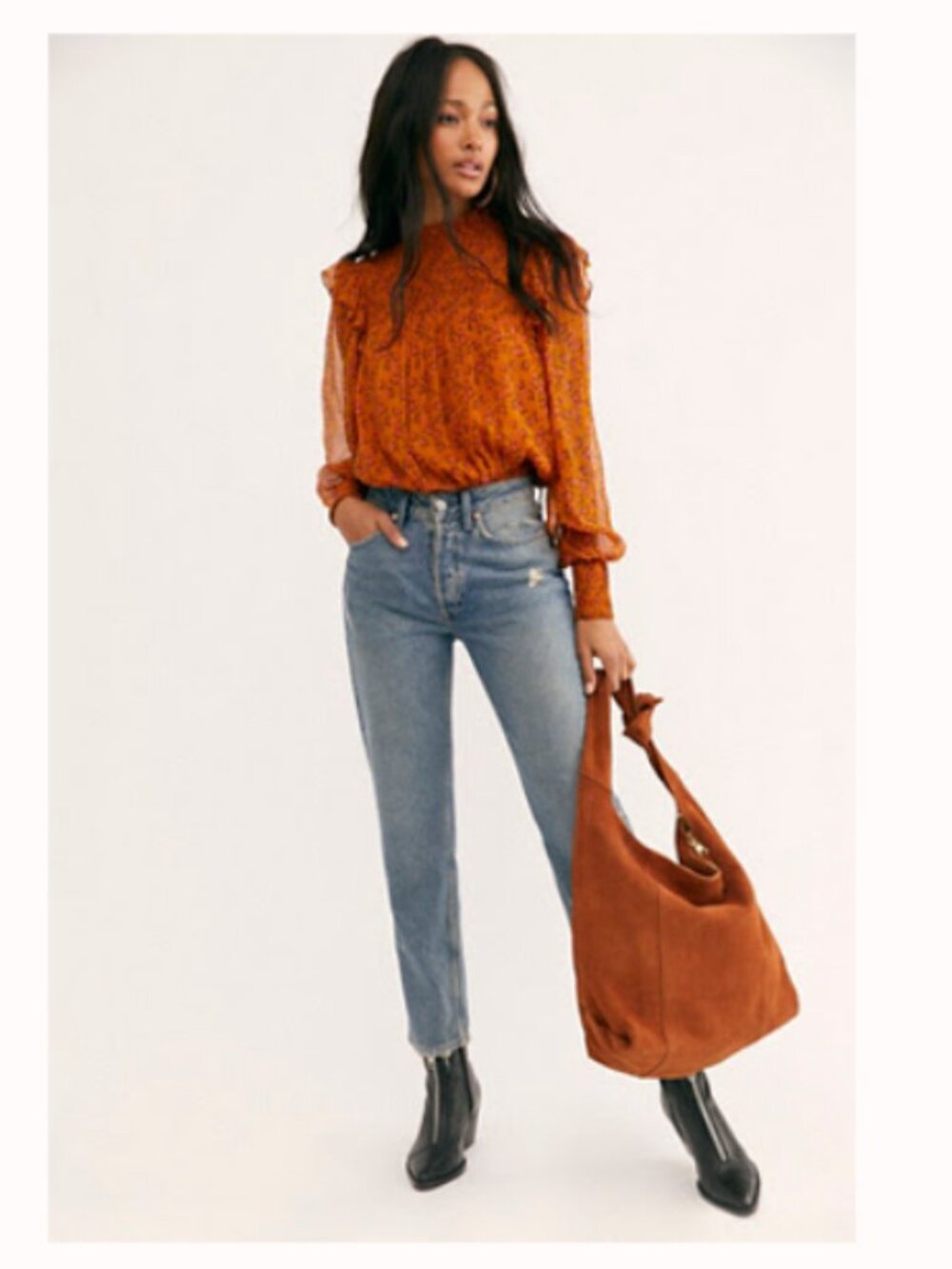 Free People Roma Blouse in Orange Floral Print Size Large